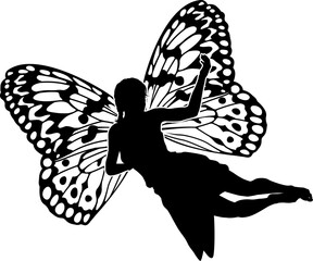 A fairy in silhouette with butterfly style wings