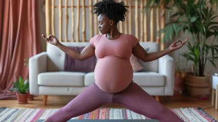 Young adult pregnant black woman practicing yoga at home on mat, African American girl doing hatha yoga asana in modern living room, home workout, AI generated