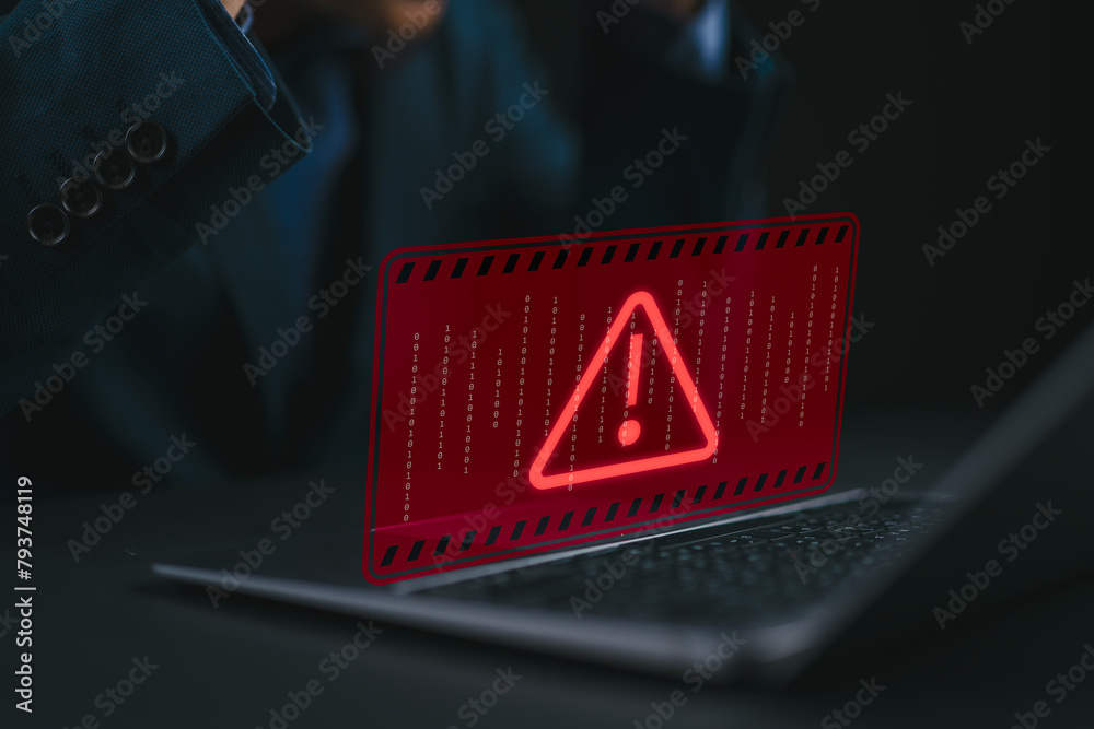 Poster system hacked warning alert on computer laptop. ransomware, virus, spyware, malware or malicious sof