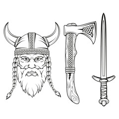 Set of various elements on the theme of the Vikings. Hand drawn of a viking in a helmet. Sketch of viking head with traditional weapons. Traditional ornament for your use. Vector artwork.