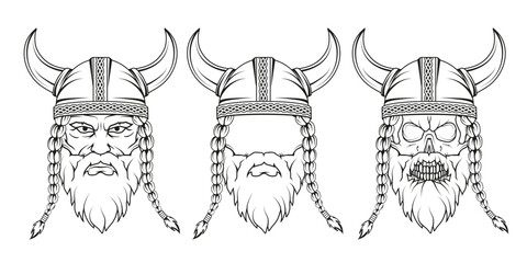 Set of various elements on the theme of the Vikings. Hand drawn of a viking in a helmet. Sketch of viking head with traditional weapons. Traditional ornament for your use. Vector artwork.