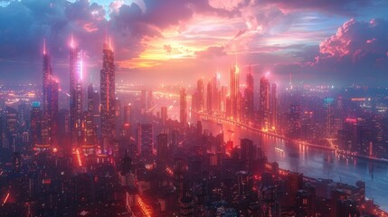 Futuristic cityscape with neon lights and skyscrapers amidst clouds at sunset - obrazy, fototapety, plakaty