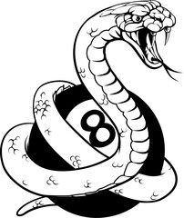 A snake angry mean pool billiards mascot cartoon character holding a black 8 ball.