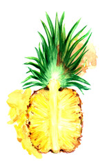 Hand drawn watercolor pineapple fruit half cut illustration with artistic paint stains. Tropical exotic fruit for food and drink background.