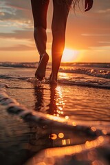 close-up of legs on sunset ocean background