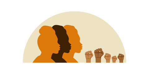 Vector illustration of Black people silhouette with raising hands on transparent background