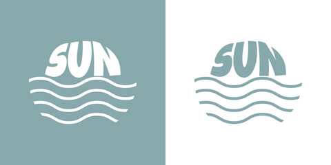 Logo vacaciones de verano. Paisaje con palabra Sun como sol con olas de mar
