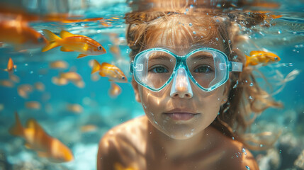 Fototapeta premium girl in a diving mask with a snorkel swims underwater, ocean, sea, marine, fish, water, woman, portrait, face, scuba, summer, sport, dive, vacation, blue water, world, head, coral reef, travel