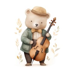 Cute teddy bear with a violin. Watercolor illustration.