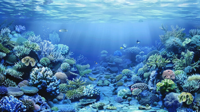 A vibrant underwater scene showcasing a diverse and colorful coral reef teeming with marine life