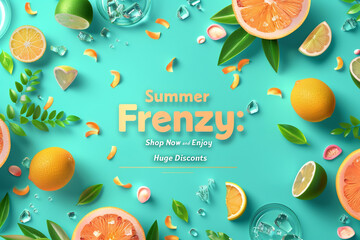 A cheerful mint green background with "Summer Frenzy Shop Now and Enjoy Huge Discounts" in bold.