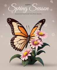 Happy spring poster with 3d rendering butterfly with flowers