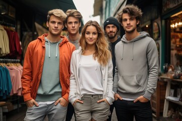A group of five young men and women in hoodies pose for a photo in front of a store. The scene is casual and friendly, with the group smiling and standing close to each other. Generative AI.