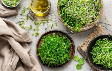 Various types of microgreens and sprouted seeds on the table in a wooden bowl, eco friendly kitchen, healthy eating and vegan diet, AI generative
