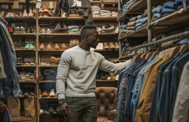 Surrounded by an array of jeans, this man is carefully picking out the best denim in a stylish and modern fashion store