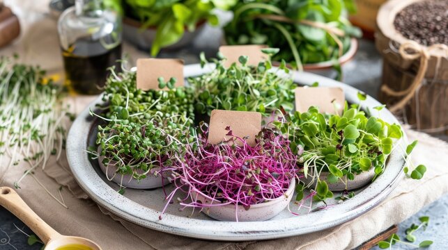 Various types of microgreens and sprouted seeds on the table in a wooden bowl, eco friendly kitchen, healthy eating and vegan diet, AI generative
