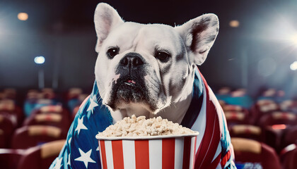 bulldogge, usa, flagge, kino, popcorn, close up, cartoon, tier, hund, weiss, amerika, spaß, cartoons, surreal, bizarre, neu, modern, boxer, 