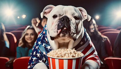 bulldogge, usa, flagge, kino, popcorn, close up, cartoon, tier, hund, weiss, amerika, spaß, cartoons, surreal, bizarre, neu, modern, boxer, 