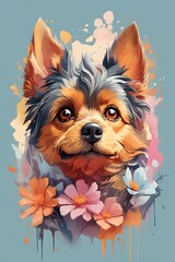 Cute Dog illustration, Watercolor Yorkshire Face Illustration, illustration of Yorkshire dog face, Dog with flowers, Yorkshire Dog Splash Art, Yorkshire T-Shirt Design, AI Generative