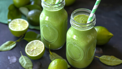 Healthy green smoothie with lime and spinach in a glass bottle on a dark background