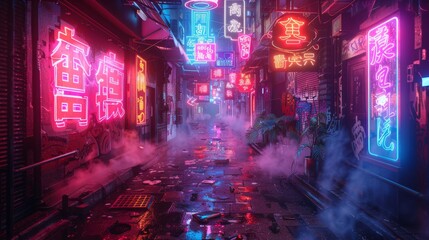 Explore the neon-lit alley in a cyberpunk cityscape with vivid colors and atmospheric lighting