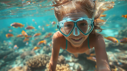 Fototapeta premium girl in a diving mask with a snorkel swims underwater, ocean, sea, marine, fish, water, woman, portrait, face, scuba, summer, sport, dive, vacation, blue water, world, head, coral reef, travel