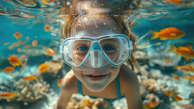 girl in a diving mask with a snorkel swims underwater, ocean, sea, marine, fish, water, woman, portrait, face, scuba, summer, sport, dive, vacation, blue water, world, head, coral reef, travel