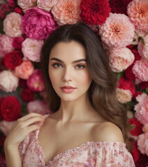 A woman, and standing against a backdrop densely covered with blooming roses in various shades of pink and red. The overall mood conveyed by the image is one of romance or celebration.