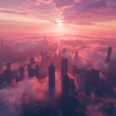 Capture a futuristic cityscape at sunset using drone photography, blending sleek skyscrapers with romantic pink hues and soft clouds
