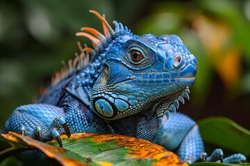 Fototapeta premium Blue Iguana: Basking in sunlight with vivid blue scales, symbolizing exotic beauty