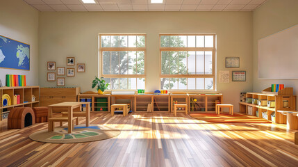 Sunlit Kindergarten Classroom interior with Educational Resources and Play Area