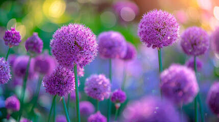 Purple buds of decorative onion in a garden on spring day. - obrazy, fototapety, plakaty