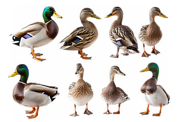 various duck species positioned against white background for wildlife
