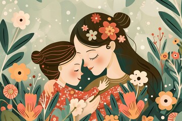 Woman holding girl in flowerfilled field, creating a happy and artistic gesture, happy mother's day