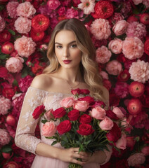 A woman, and standing against a backdrop densely covered with blooming roses in various shades of pink and red. The overall mood conveyed by the image is one of romance or celebration.