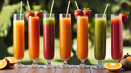 Delicious array of fresh fruit juices served in tall glasses made from liquidised orange, kiwifruit...