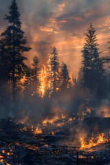 Dramatic Wildfire Smoke Obscuring Rugged Forest Landscape at Fiery Sunset