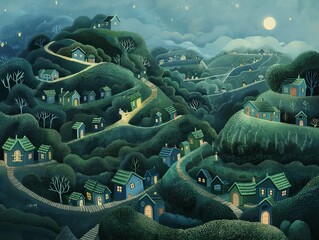 Obraz premium A whimsical illustration of a village at night, with winding pathways and cozy houses nestled among verdant hills under a starry sky.