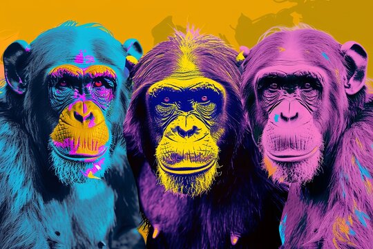 Three happy chimpanzees depicted in a colorful painting