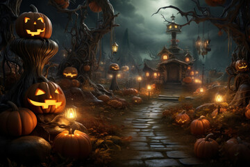 Haunted House with Jack-o'-Lanterns on a Spooky Path Under a Creepy Tree Canopy