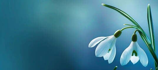 Fototapeta na wymiar Close up of a snowdrop flower on electric blue background banner
