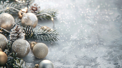 A charming silver gray background with festive decorations on the left side.
