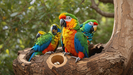 A brightly colored parrot is perched on a tree branch. The parrot has red, yellow, green, and blue feathers.

