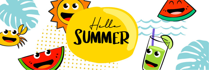 Hello summer camp poster design with fun cartoon characters. © kaisorn
