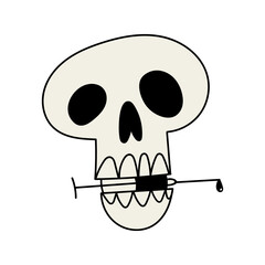 skull with syringe in mouth. No drugs concept. Hand drawn flat vector illustration isolated on white.