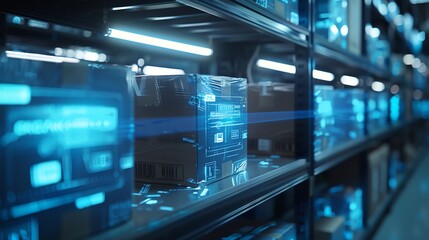 A futuristic warehouse with a robotic arm picking up a box.