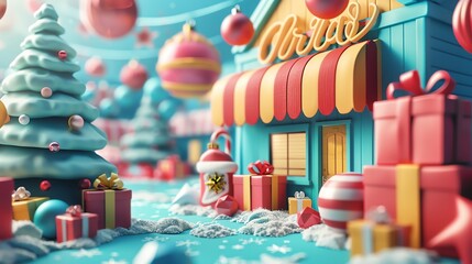 A cute cartoon christmas village made of pastel colored houses and shops with presents and christmas trees.