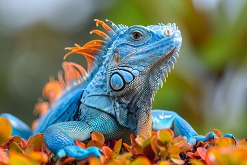 Fototapeta premium Blue Iguana: Basking in sunlight with vivid blue scales, symbolizing exotic beauty
