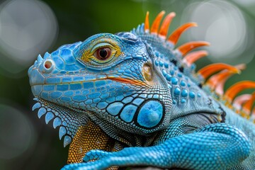 Fototapeta premium Blue Iguana: Basking in sunlight with vivid blue scales, symbolizing exotic beauty