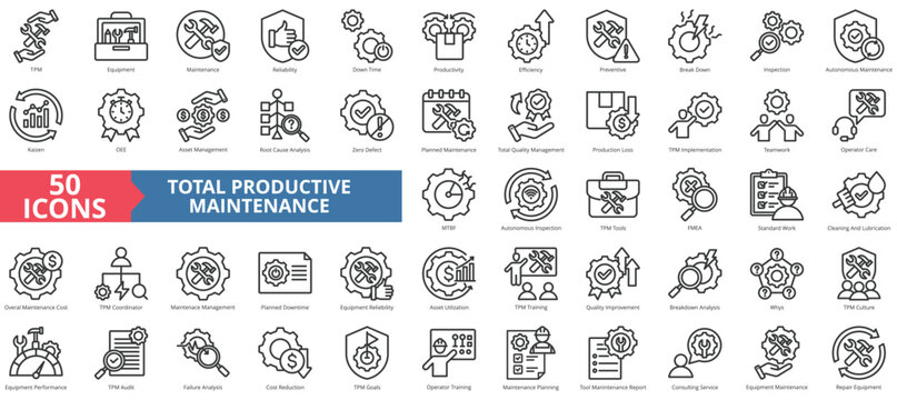 Total productive maintenance icon collection set. Containing equipment, break, reliability, time, inspection, efficiency, preventive icon. Simple line vector.